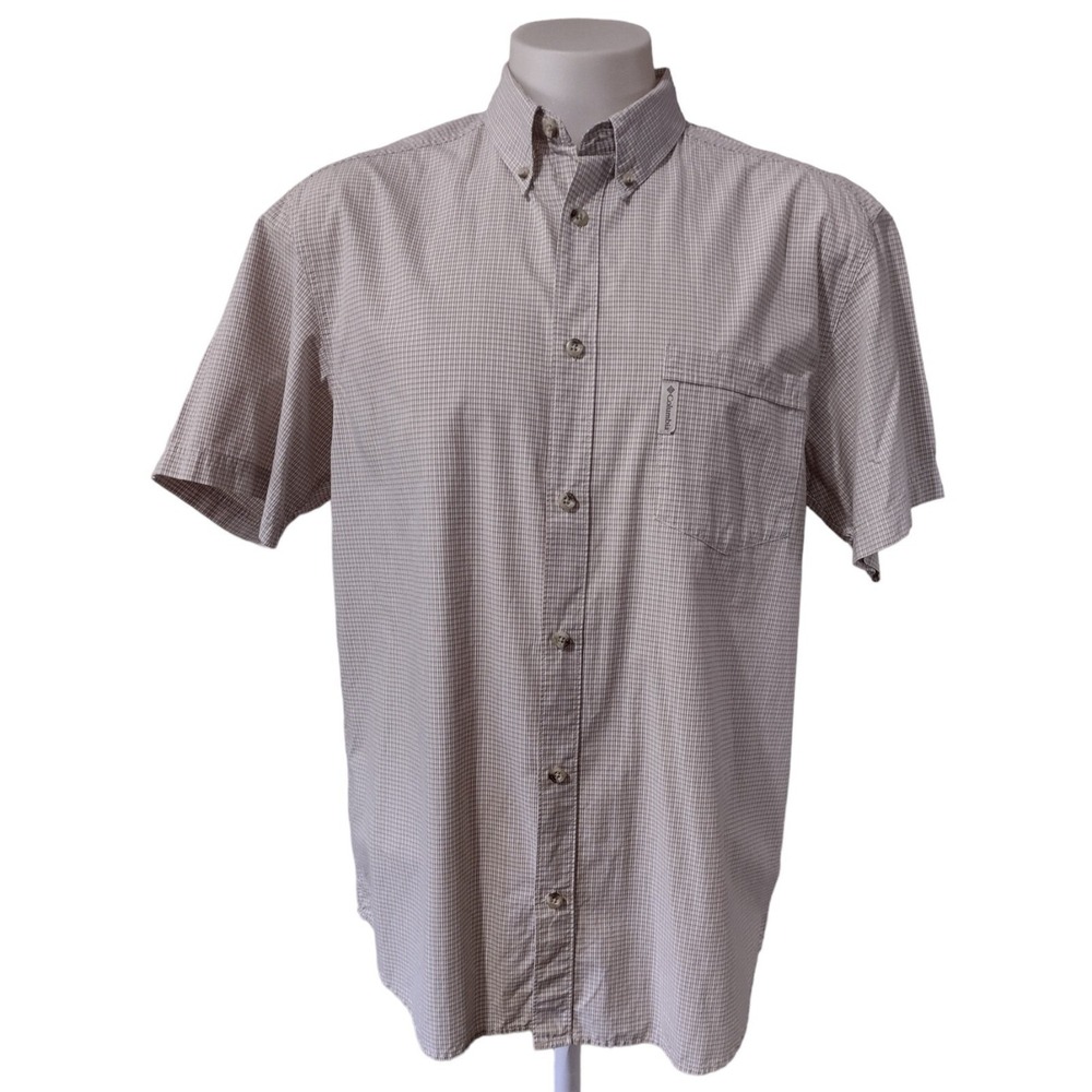 Columbia Shirt Men's Large Cabin Core Tan Micro Plaid Short Sleeve Retro Casual